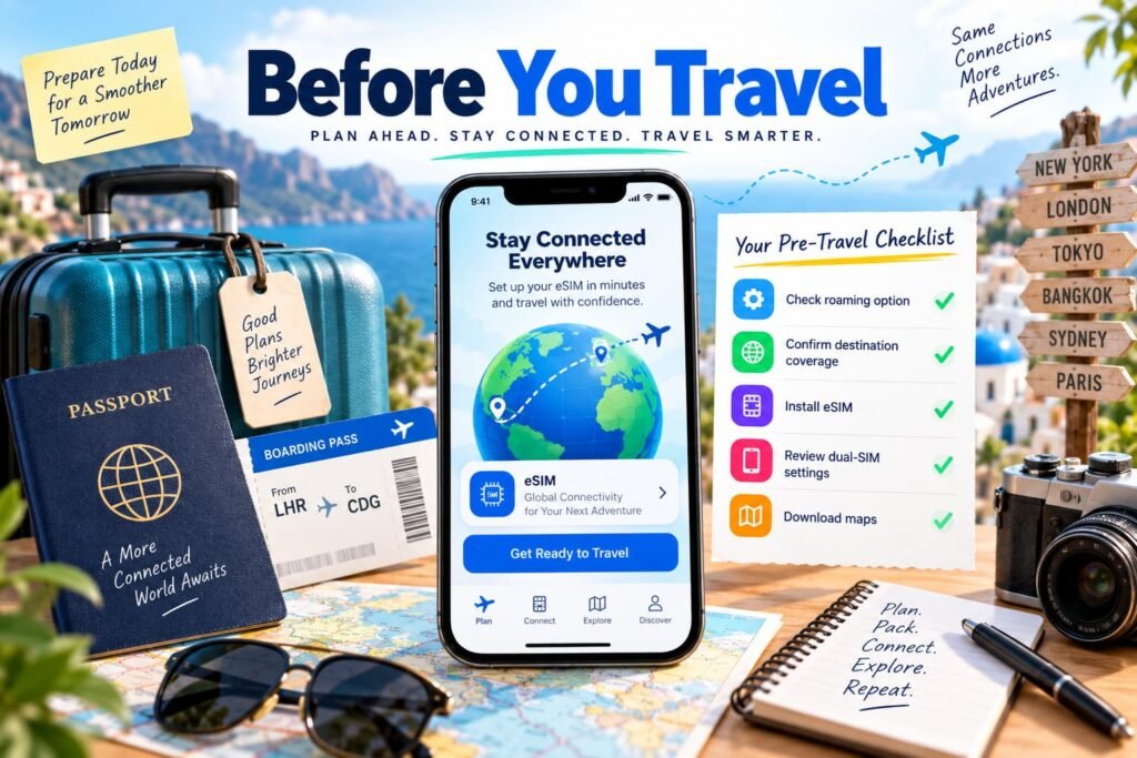 Pre-travel checklist showing eSIM setup, roaming options, destination coverage, dual-SIM settings and offline maps before an international trip.