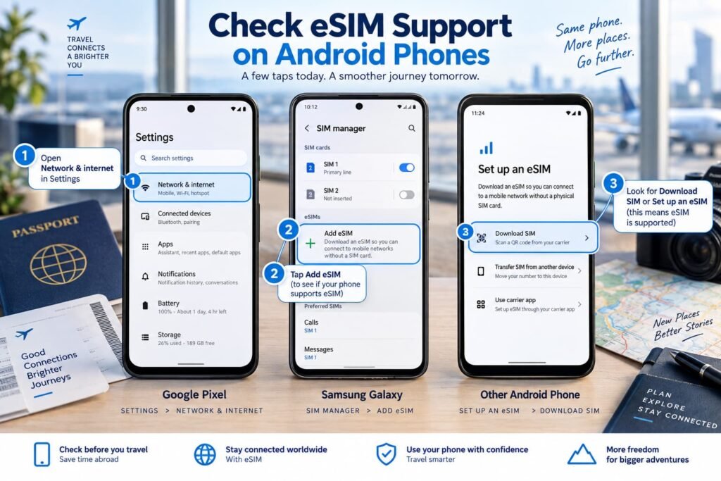 Android eSIM settings for Google Pixel, Samsung Galaxy and other compatible smartphones.
