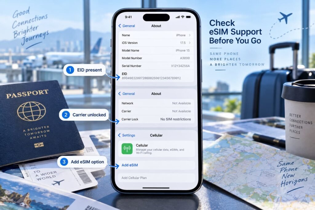 iPhone settings showing EID, carrier lock status and Add eSIM before international travel.