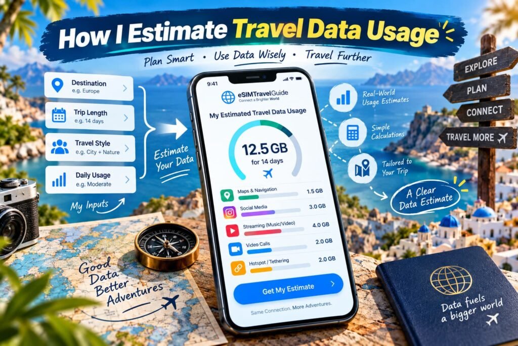Travel data usage estimate showing how trip length, maps, social media, streaming, video calls and hotspot use affect eSIM data needs