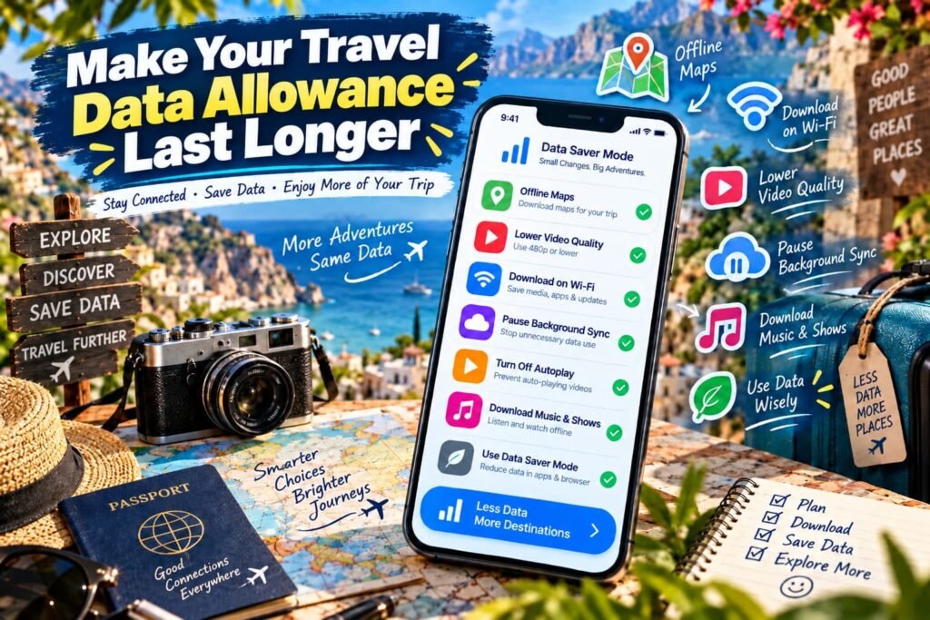 Travel data-saving tips showing offline maps, Wi-Fi downloads, lower video quality and paused background sync to make an eSIM data allowance last longer