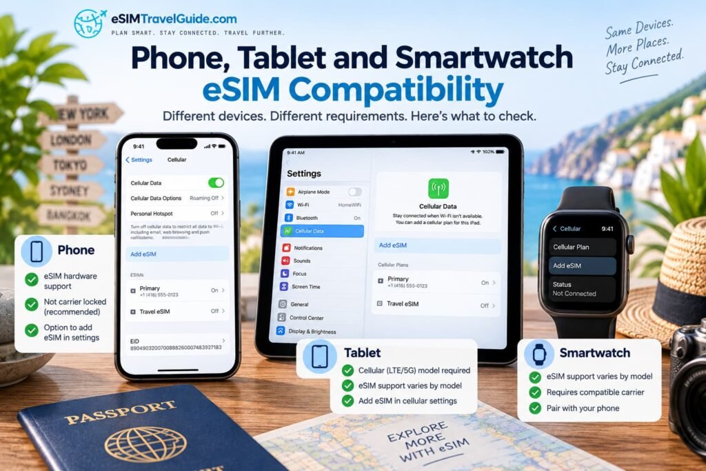 Phone, cellular tablet and smartwatch showing different eSIM compatibility requirements for travel.