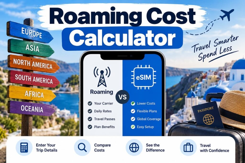 Roaming cost calculator comparing carrier roaming fees and travel eSIM costs for international trips.