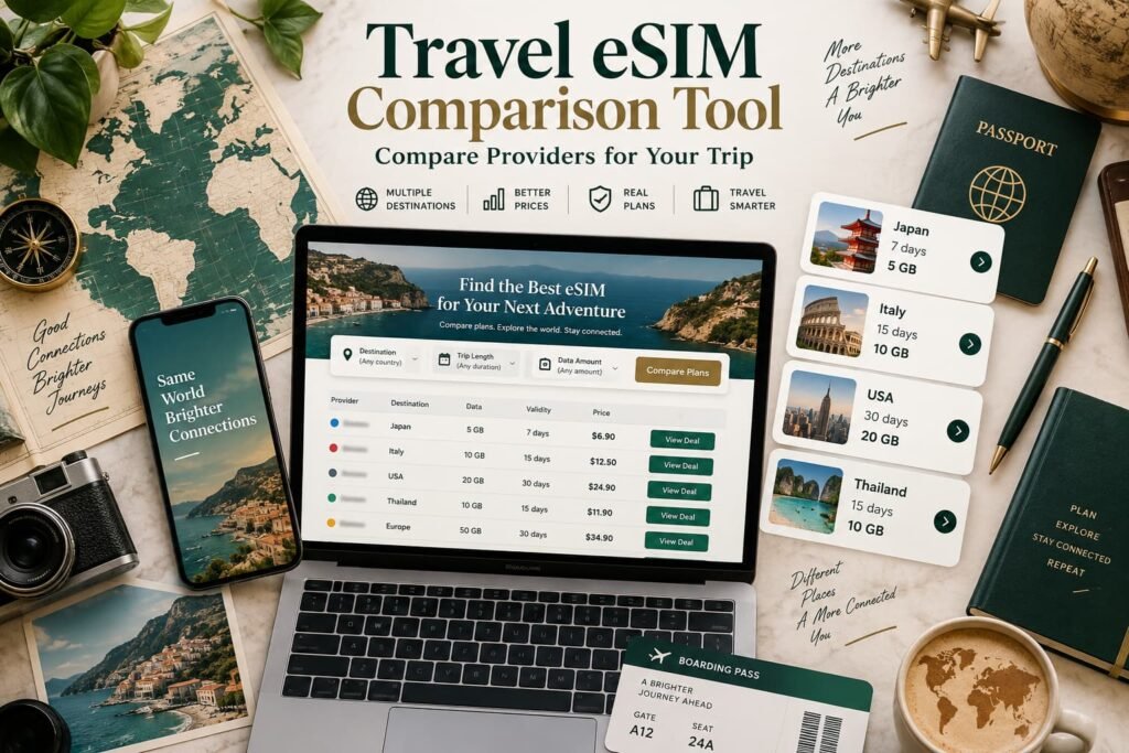 Travel eSIM comparison tool on a laptop showing international eSIM plan options by destination, trip length and data allowance.