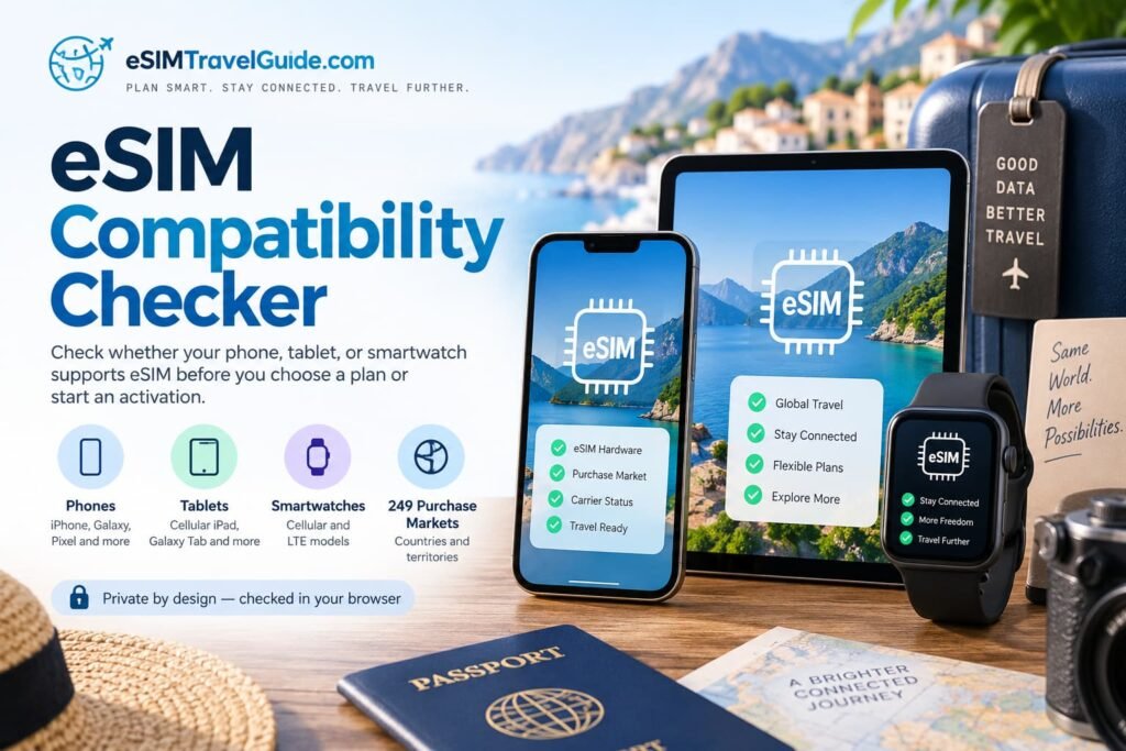 eSIM-compatible phone, tablet and smartwatch showing hardware support, purchase market and carrier status for travel eSIM use.