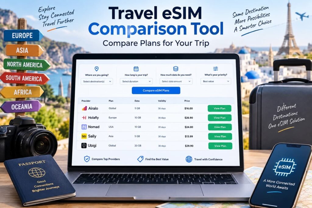 International travel eSIM comparison tool showing providers, destinations, data allowances, validity and plan options for a trip.