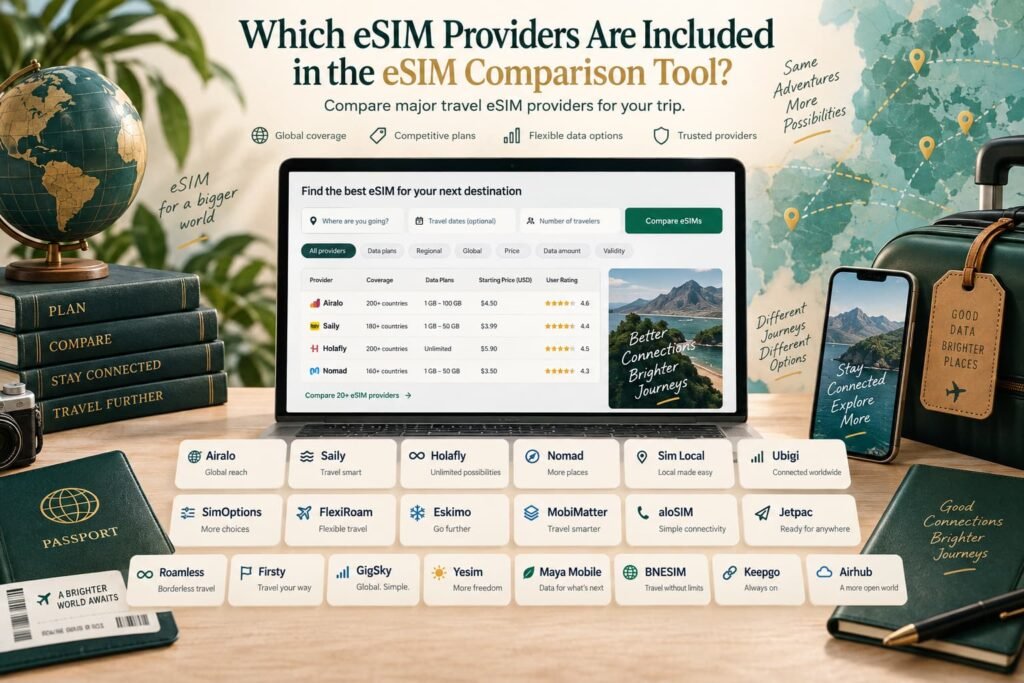 eSIM comparison tool showing major international travel eSIM providers including Airalo, Saily, Holafly, Nomad, Sim Local and Ubigi.