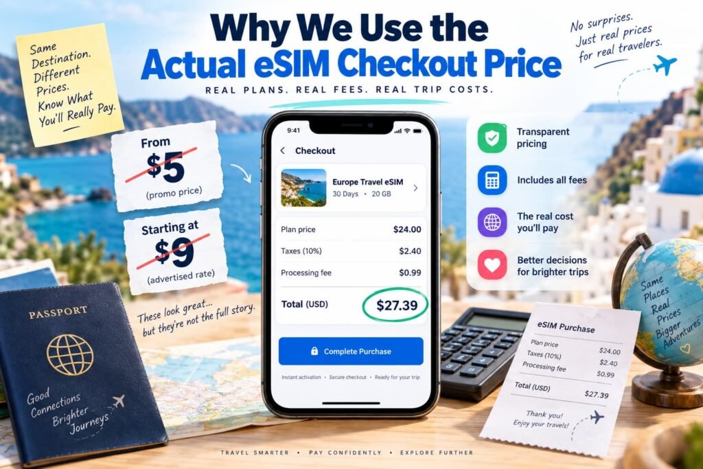 Actual eSIM checkout price compared with advertised starting prices to show the real travel eSIM cost before purchase.