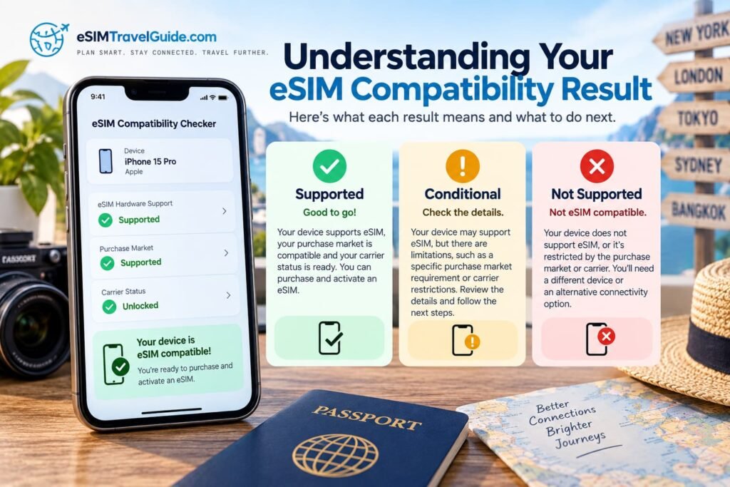 eSIM compatibility checker results showing supported, conditional and unsupported device outcomes.