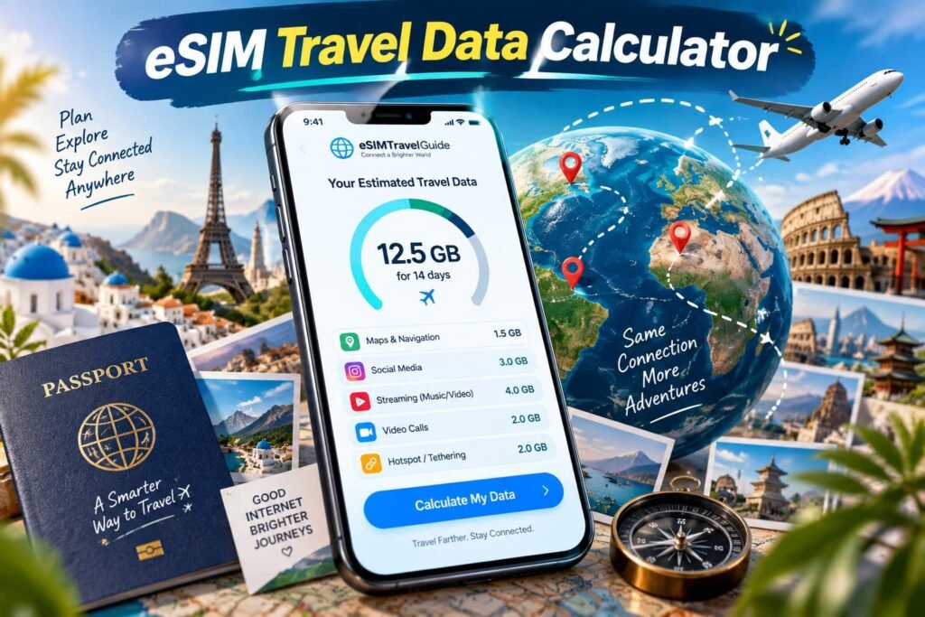 eSIM travel data calculator showing estimated GB for maps, social media, streaming, video calls and hotspot use while travelling